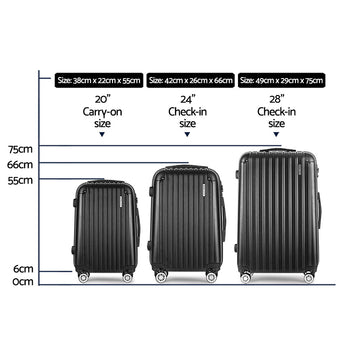 Wanderlite 3pcs LuggageTrolley Set Travel Suitcase Storage Organiser Carry On Hard Case TSA Lightweight Black - RnR Galore