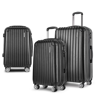 Wanderlite 3pcs LuggageTrolley Set Travel Suitcase Storage Organiser Carry On Hard Case TSA Lightweight Black - RnR Galore