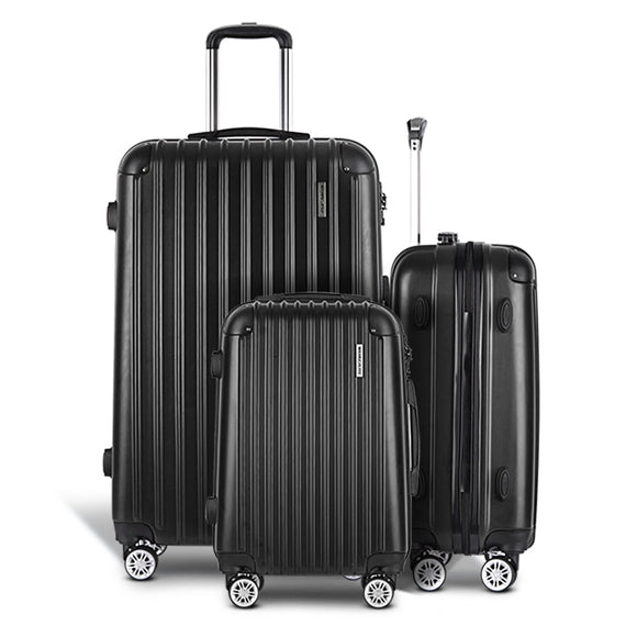 Wanderlite 3pcs LuggageTrolley Set Travel Suitcase Storage Organiser Carry On Hard Case TSA Lightweight Black - RnR Galore