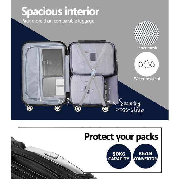Wanderlite 3pcs LuggageTrolley Set Travel Suitcase Storage Organiser Carry On Hard Case TSA Lightweight Black - RnR Galore