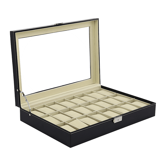 Watch Box - 24 Slot Luxury Display Case With Framed Glass Lid - RnR Galore