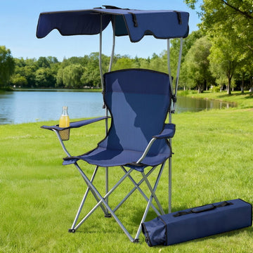 Weisshorn Camping Chair With Canopy Folding Outdoor Portable Seat Lightweight Beach Picnic Fishing Capacity 120KG Navy Blue - RnR Galore