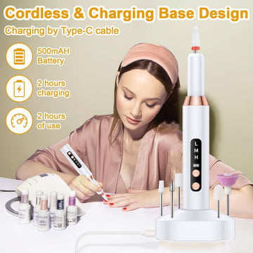 White Cordless Electric Nail Drill Kit - Portable Manicure Pedicure Polisher with 12 Bits - RnR Galore