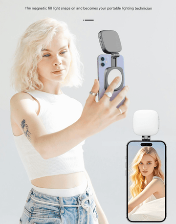 White Magnetic Foldable Selfie Light with Mirror - Rechargeable LED Fill Light for iPhone & Android Vlogging(Mobile phone is a shooting prop and is not included) - RnR Galore