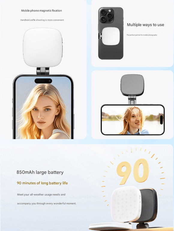 White Magnetic Foldable Selfie Light with Mirror - Rechargeable LED Fill Light for iPhone & Android Vlogging(Mobile phone is a shooting prop and is not included) - RnR Galore
