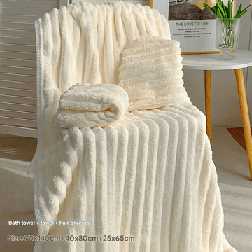 White Plush Ribbed Coral Fleece 3 - Piece Towel Set - Ultra Soft & Absorbent Bath, Hand Towel and Hair Wrap - RnR Galore