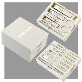 White Premium 13 - in - 1 Manicure & Grooming Kit - Professional Carbon Steel Pedicure Set with Dual - Drawer Case & Mirror - RnR Galore