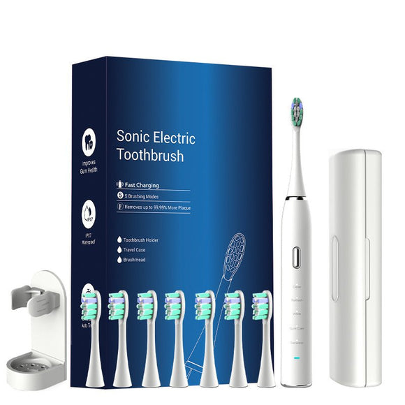 White Sonic Rechargeable Electric Toothbrush with 8 Heads & Travel Case - 5 Brushing Modes & Smart Timer(USB) - RnR Galore