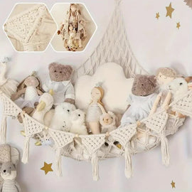 White Triangle Woven Plush Toy Corner Organizer (105x105x145cm) with octagonal beads and installation kit - Hand - woven cotton mesh toy storage hammock - RnR Galore