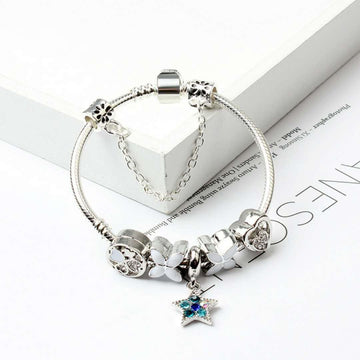 Women Silver Plated Bracelet Snake Chain with Classic Bead Barrel Clasp and Blue Star Pendant(20cm) - RnR Galore