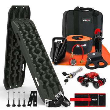 X - BULL Winch Recovery Kit with Recovery Tracks Boards Gen 3.0 Mounting Pins Snatch Strap Off Road 4WD Olive - RnR Galore