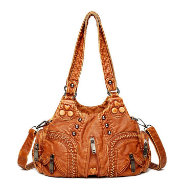 Yellow Women's Vintage Studded Hobo Bag - Soft Washed Leather Multi - Pocket Shoulder & Crossbody Purse - RnR Galore