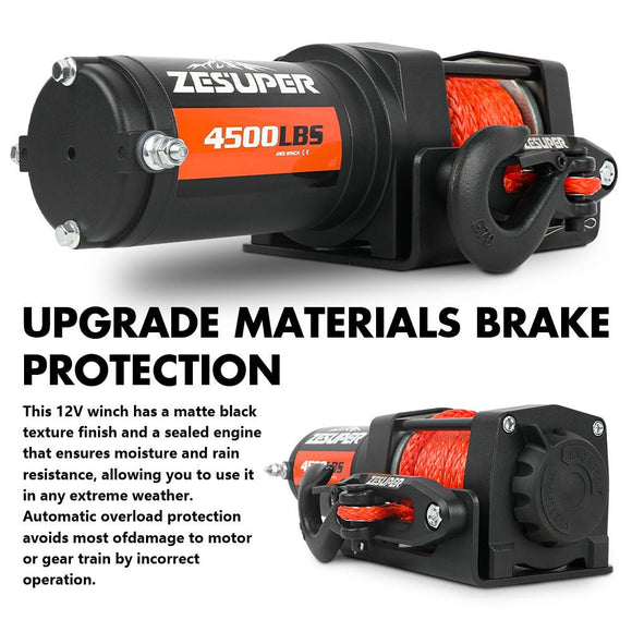 ZESUPER 12V Winch 4500LBS Electric Winch ATV Winch Synthetic Rope BOAT Trailer - RnR Galore