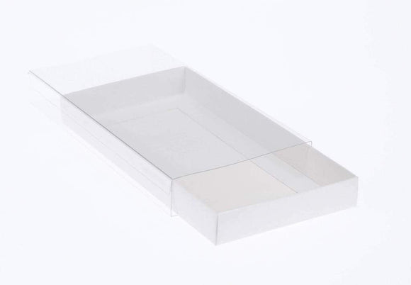 10 Pack of White Card Box - Clear Slide On Lid - 25 x 25 x 6cm - Large Beauty Product Gift Giving Hamper Tray Merch Fashion Cake Sweets Xmas - RnR Galore