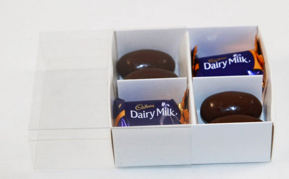 10 Pack of White Card Chocolate Sweet Soap Product Retail Gift Box - 4 Bay Compartments - Clear Slide On Lid - 8x8x3cm - RnR Galore