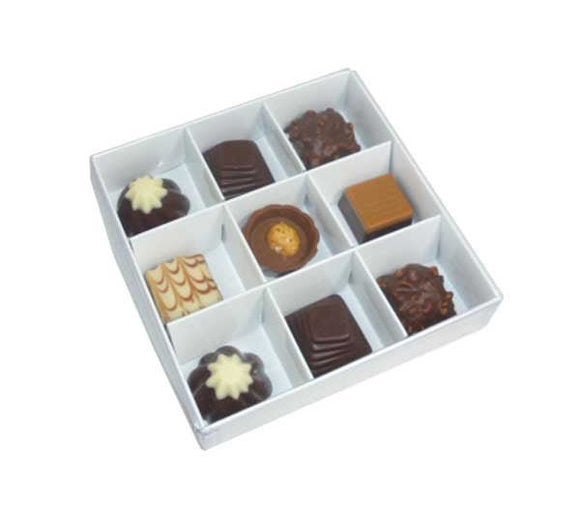 10 Pack of White Card Chocolate Sweet Soap Product Retail Gift Box - 9 bay 4x4x3cm Compartments - Clear Slide On Lid - 12x12x3cm - RnR Galore