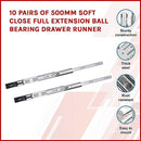 10 Pairs of 500mm Soft Close Full Extension Ball Bearing Drawer Runner - RnR Galore
