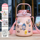 1000ml Large Water Bottle Stainless Steel Straw Water Jug with FREE Sticker Packs (Pink) - RnR Galore