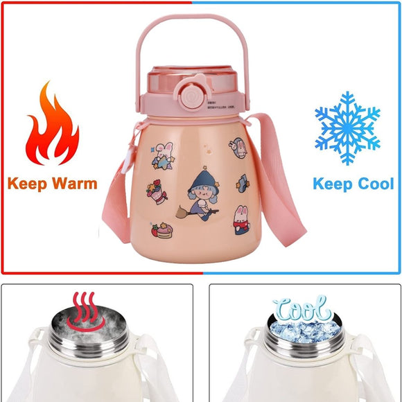 1000ml Large Water Bottle Stainless Steel Straw Water Jug with FREE Sticker Packs (Pink) - RnR Galore