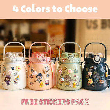 1000ml Large Water Bottle Stainless Steel Straw Water Jug with FREE Sticker Packs (Pink) - RnR Galore