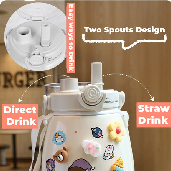 1000ml Large Water Bottle Stainless Steel Straw Water Jug with FREE Sticker Packs (Pink) - RnR Galore