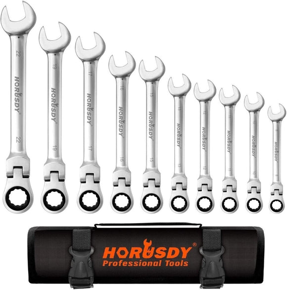 10Pc Flexible Head Ratchet Spanner Set Metric Wrench CRV With Carry Pouch 8 - 22MM - RnR Galore