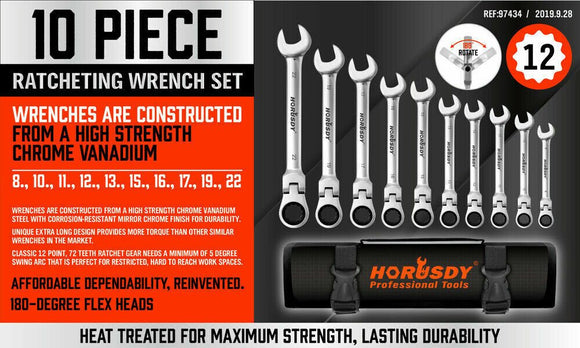 10Pc Flexible Head Ratchet Spanner Set Metric Wrench CRV With Carry Pouch 8 - 22MM - RnR Galore
