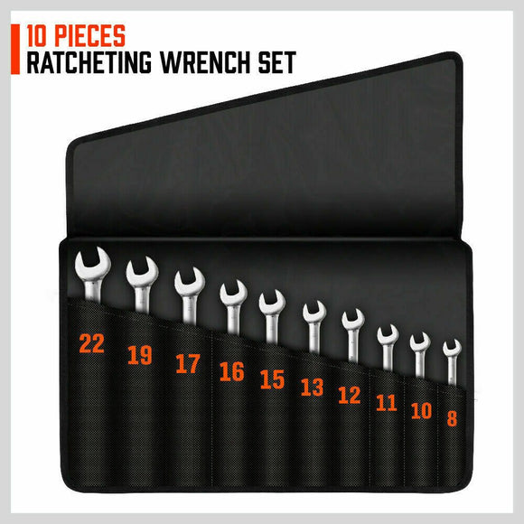 10Pc Flexible Head Ratchet Spanner Set Metric Wrench CRV With Carry Pouch 8 - 22MM - RnR Galore