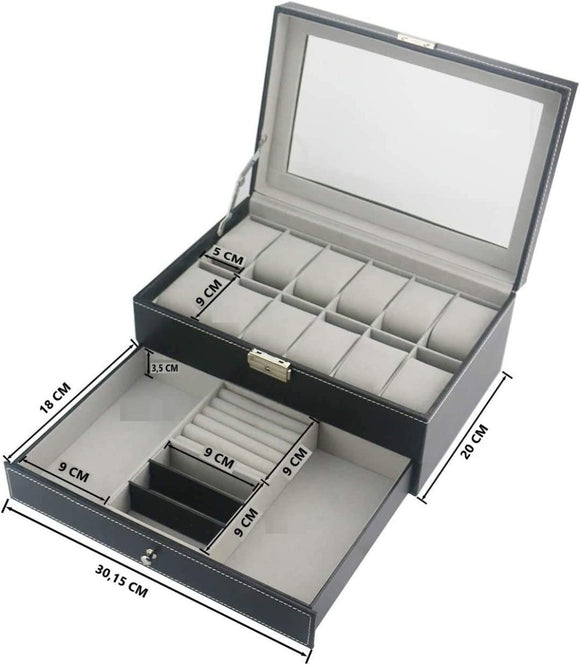 12 Slot PU Leather Lockable Watch and Jewelry Storage Boxes (Black) - RnR Galore