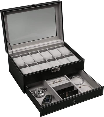 12 Slot PU Leather Lockable Watch and Jewelry Storage Boxes (Black) - RnR Galore