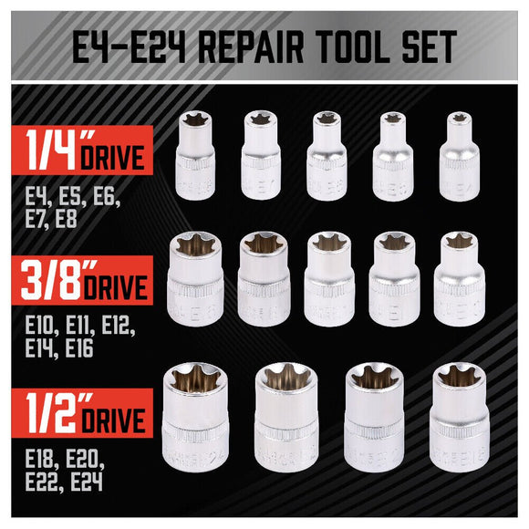 14Pc E Torx Socket Set Female Start Bit External Hex Torque E4 - E24 With Case - RnR Galore