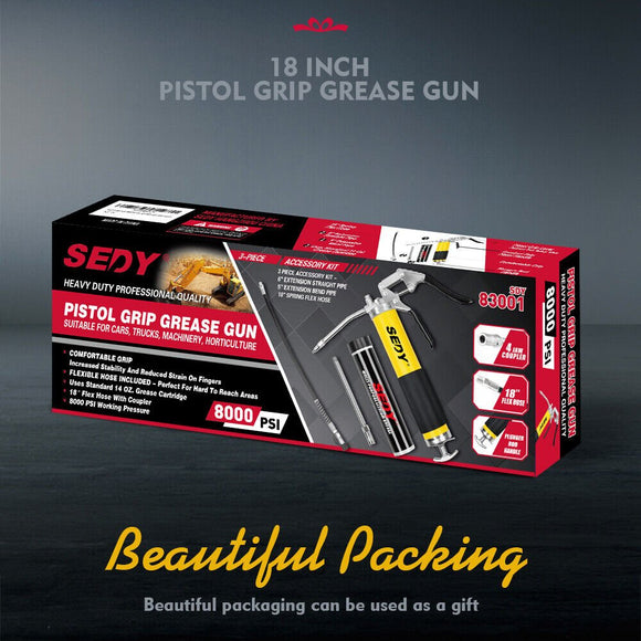 18inch Grease Gun 8000PSI Pistol Grip Flex Hose Heavy Duty Barrel With Cartridge - RnR Galore