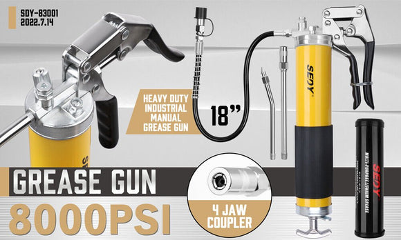 18inch Grease Gun 8000PSI Pistol Grip Flex Hose Heavy Duty Barrel With Cartridge - RnR Galore
