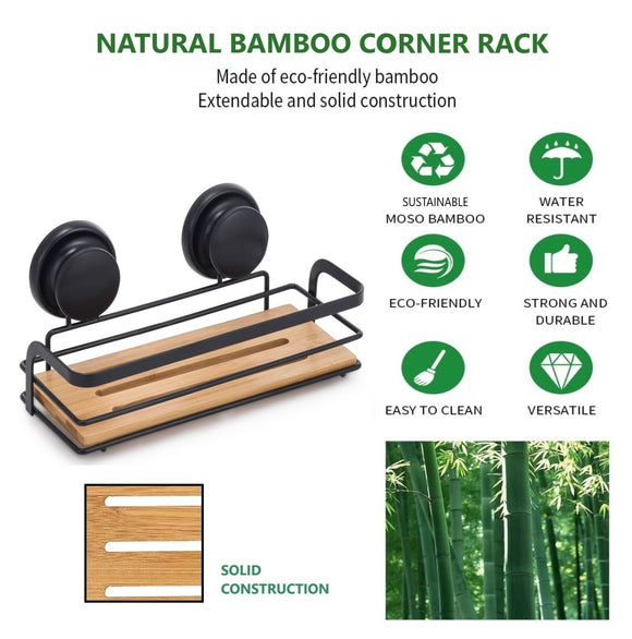 2 Pack Rectangular Bamboo Corner Shower Caddy Shelf Basket Rack with Premium Vacuum Suction Cup No - Drilling for Bathroom and Kitchen - RnR Galore