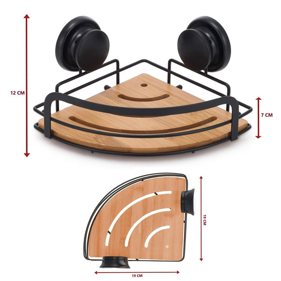 2 Pack Round Bamboo Corner Shower Caddy Shelf Basket Rack with Premium Vacuum Suction Cup No - Drilling for Bathroom and Kitchen - RnR Galore