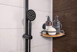 2 Pack Round Bamboo Corner Shower Caddy Shelf Basket Rack with Premium Vacuum Suction Cup No - Drilling for Bathroom and Kitchen - RnR Galore