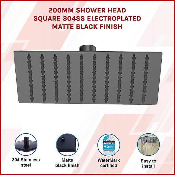200mm Shower Head Square 304SS Electroplated Matte Black Finish - RnR Galore