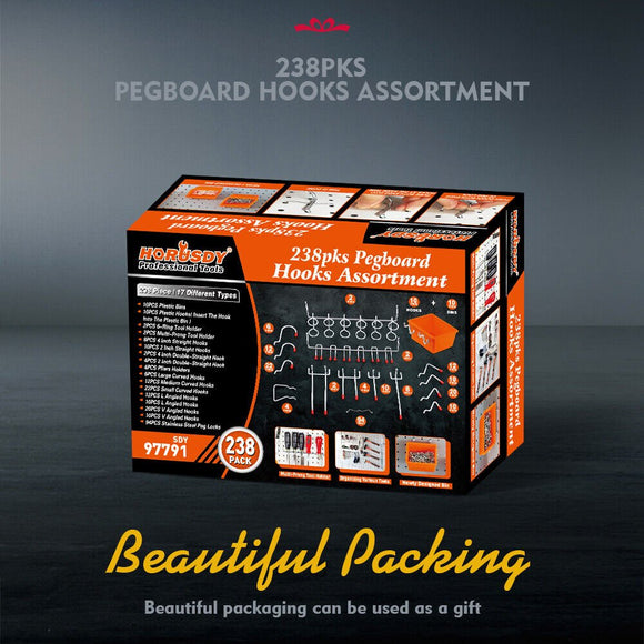 238Pc Pegboard Hooks Set Peg board Bins Parts Storage Assortment Tools Organiser - RnR Galore