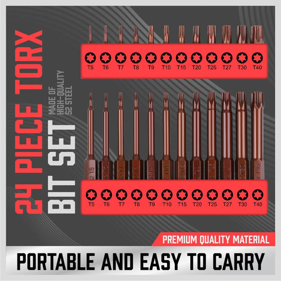 24Pc Torx Bit Set Star Head Screwdriver Bit Long Security Temper Proof T5 - T40 - RnR Galore