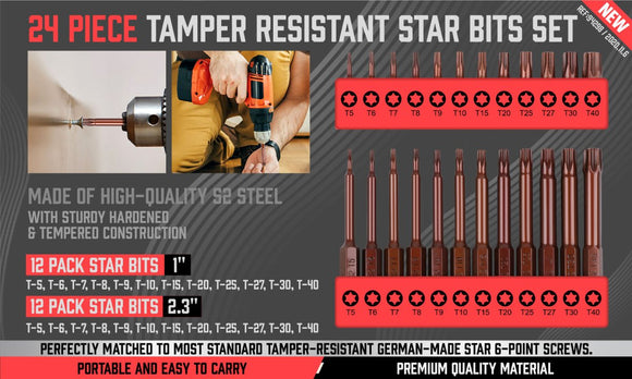 24Pc Torx Bit Set Star Head Screwdriver Bit Long Security Temper Proof T5 - T40 - RnR Galore