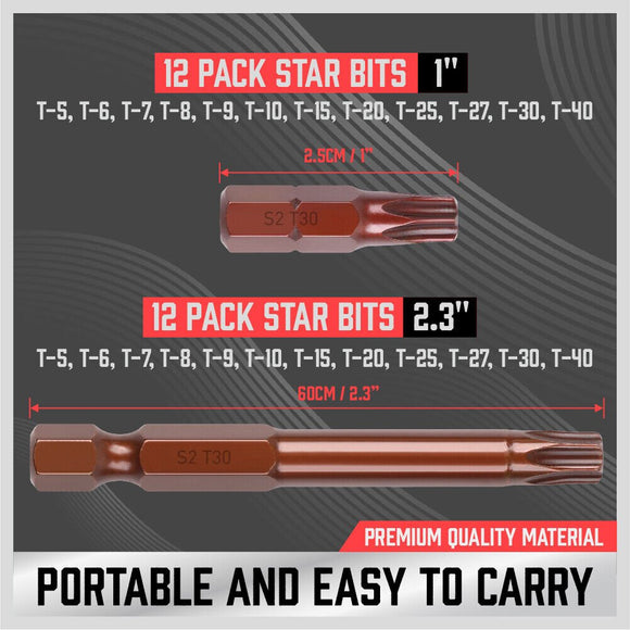 24Pc Torx Bit Set Star Head Screwdriver Bit Long Security Temper Proof T5 - T40 - RnR Galore