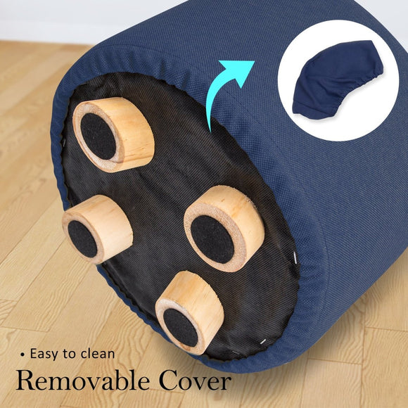 2X Fabric Ottoman Round Wooden Leg Foot Stool - DARK BLUE - RnR Galore