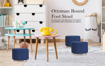 2X Fabric Ottoman Round Wooden Leg Foot Stool - DARK BLUE - RnR Galore