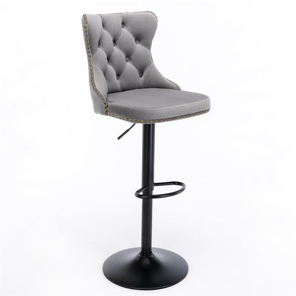 2x Height Adjustable Swivel Bar Stool Velvet Nailhead Barstool with Footrest - RnR Galore