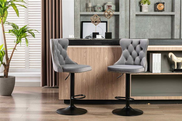 2x Height Adjustable Swivel Bar Stool Velvet Nailhead Barstool with Footrest - RnR Galore