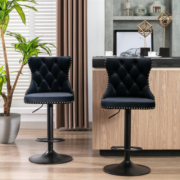 2x Height Adjustable Swivel Bar Stool Velvet Nailhead Barstool with Footrest - RnR Galore