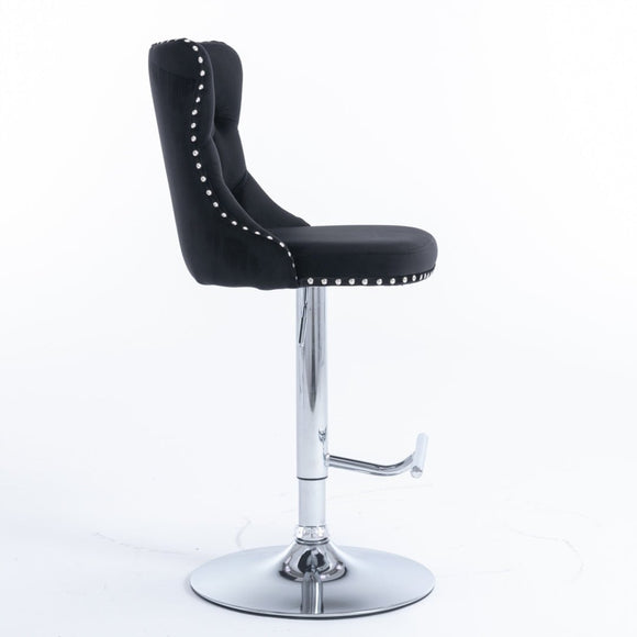 2x Height Adjustable Swivel Bar Stool Velvet Studs Barstool with Footrest and Chromed Base - Black - RnR Galore