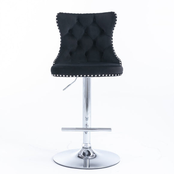 2x Height Adjustable Swivel Bar Stool Velvet Studs Barstool with Footrest and Chromed Base - Black - RnR Galore