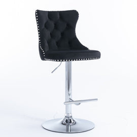 2x Height Adjustable Swivel Bar Stool Velvet Studs Barstool with Footrest and Chromed Base - Black - RnR Galore