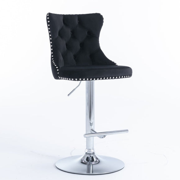 2x Height Adjustable Swivel Bar Stool Velvet Studs Barstool with Footrest and Chromed Base - Black - RnR Galore